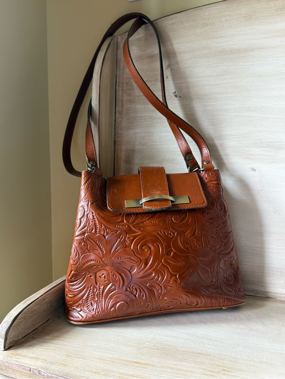 Patricia Nash Larone Florence Tan Embossed Leather Shoulder Handbag